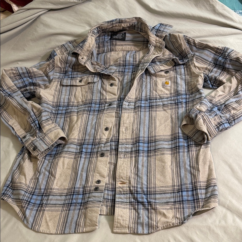 Carhartt men’s Plaid Button-Down Shirt - Beige and Blue
